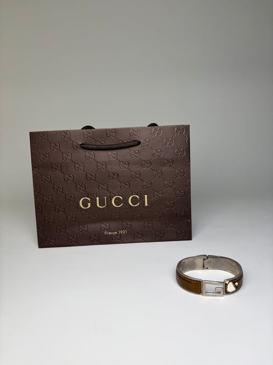 Vintage Gucci Interlocking G Leather Stainless Steel Bracelet Brown Silver