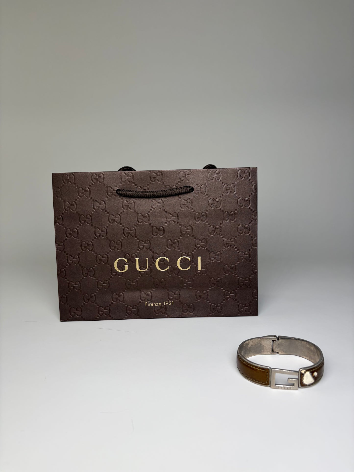 Vintage Gucci Interlocking G Leather Stainless Steel Bracelet Brown Silver