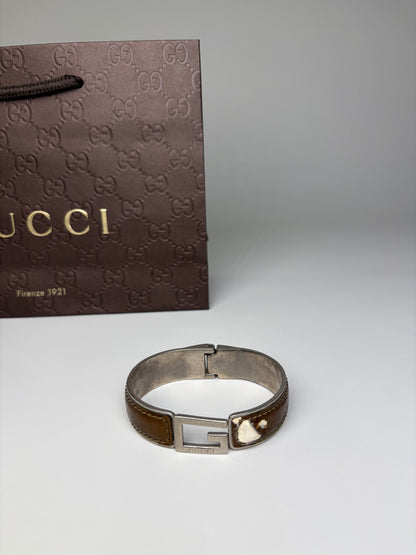 Vintage Gucci Interlocking G Leather Stainless Steel Bracelet Brown Silver