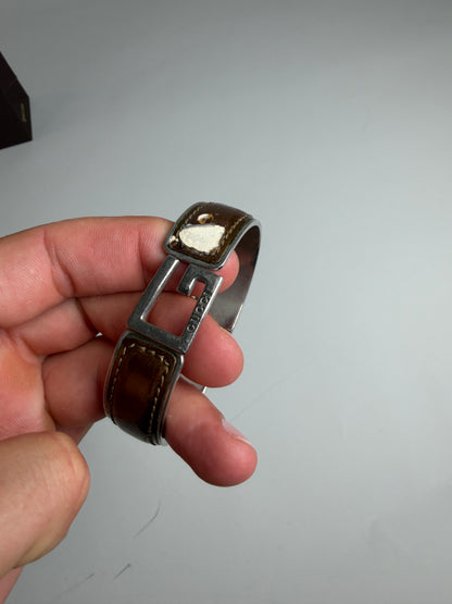 Vintage Gucci Interlocking G Leather Stainless Steel Bracelet Brown Silver