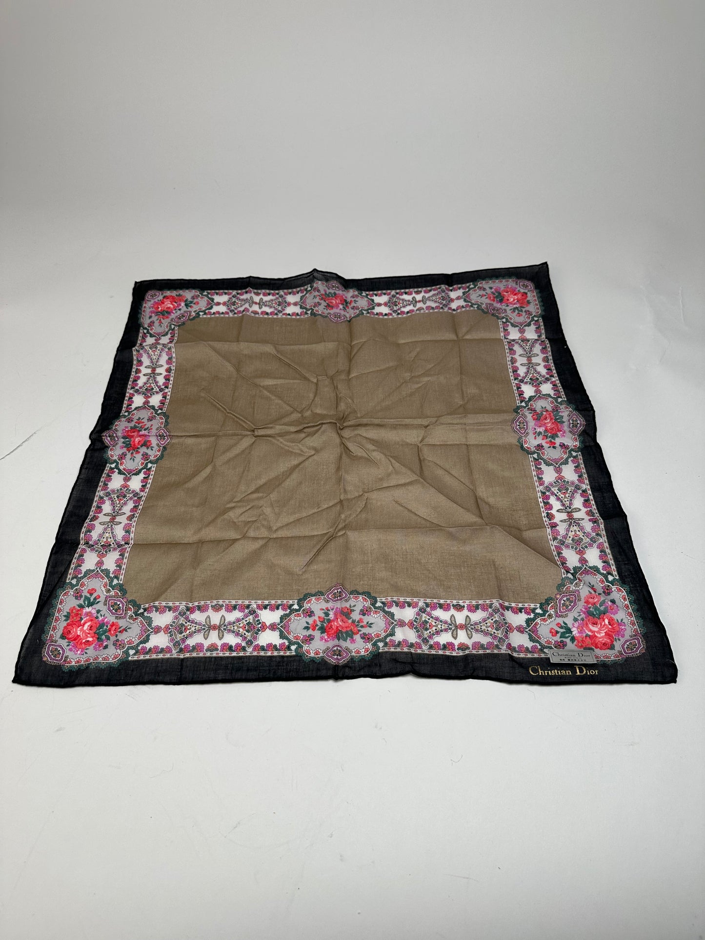 Vintage Dior Floral Scarf Brown Navy White