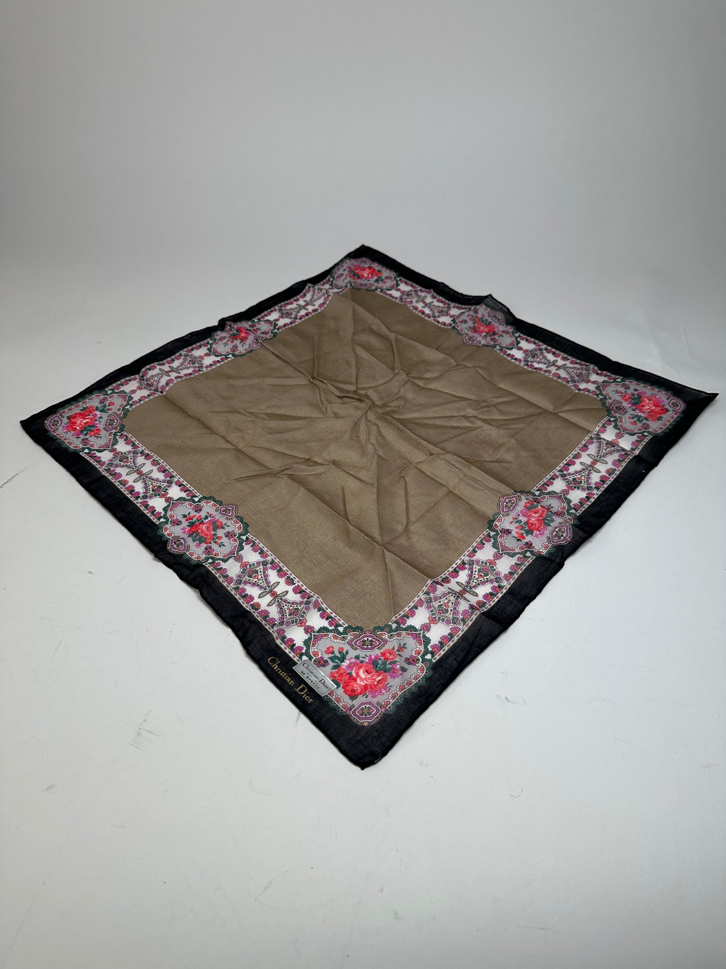 Vintage Dior Floral Scarf Brown Navy White