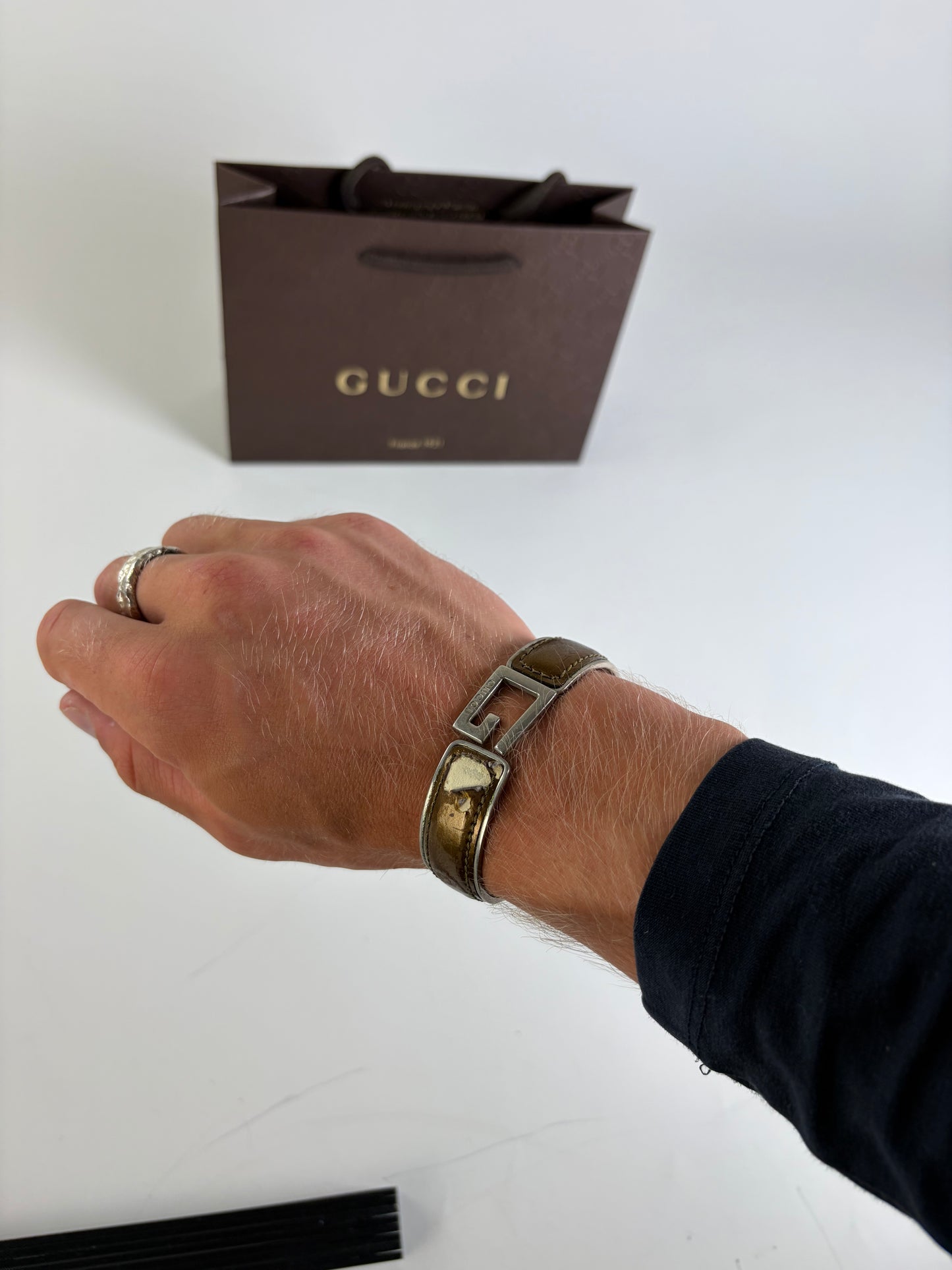 Vintage Gucci Interlocking G Leather Stainless Steel Bracelet Brown Silver