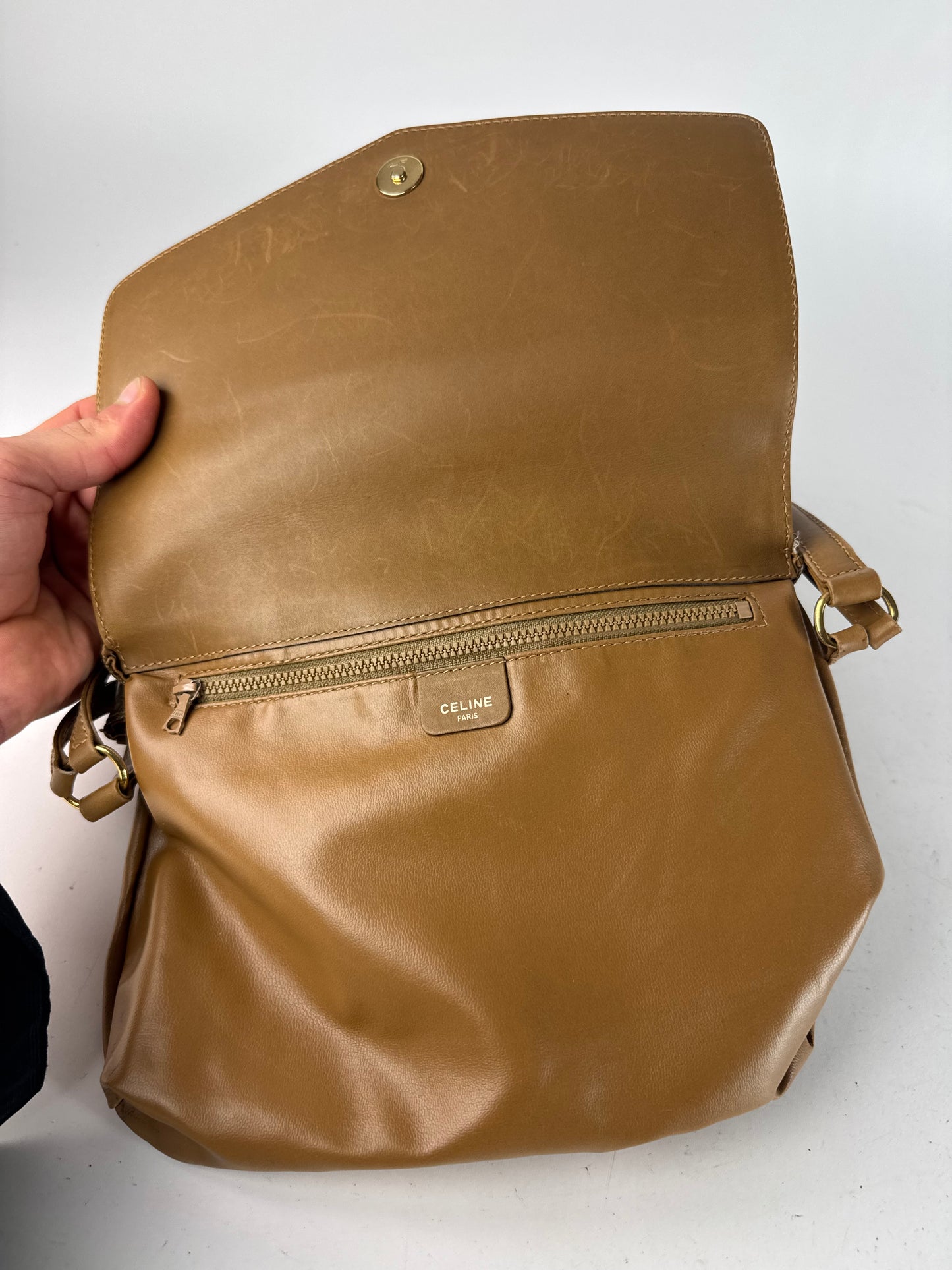 Vintage Celine Paris Monogram Leather shoulder bag beige brown