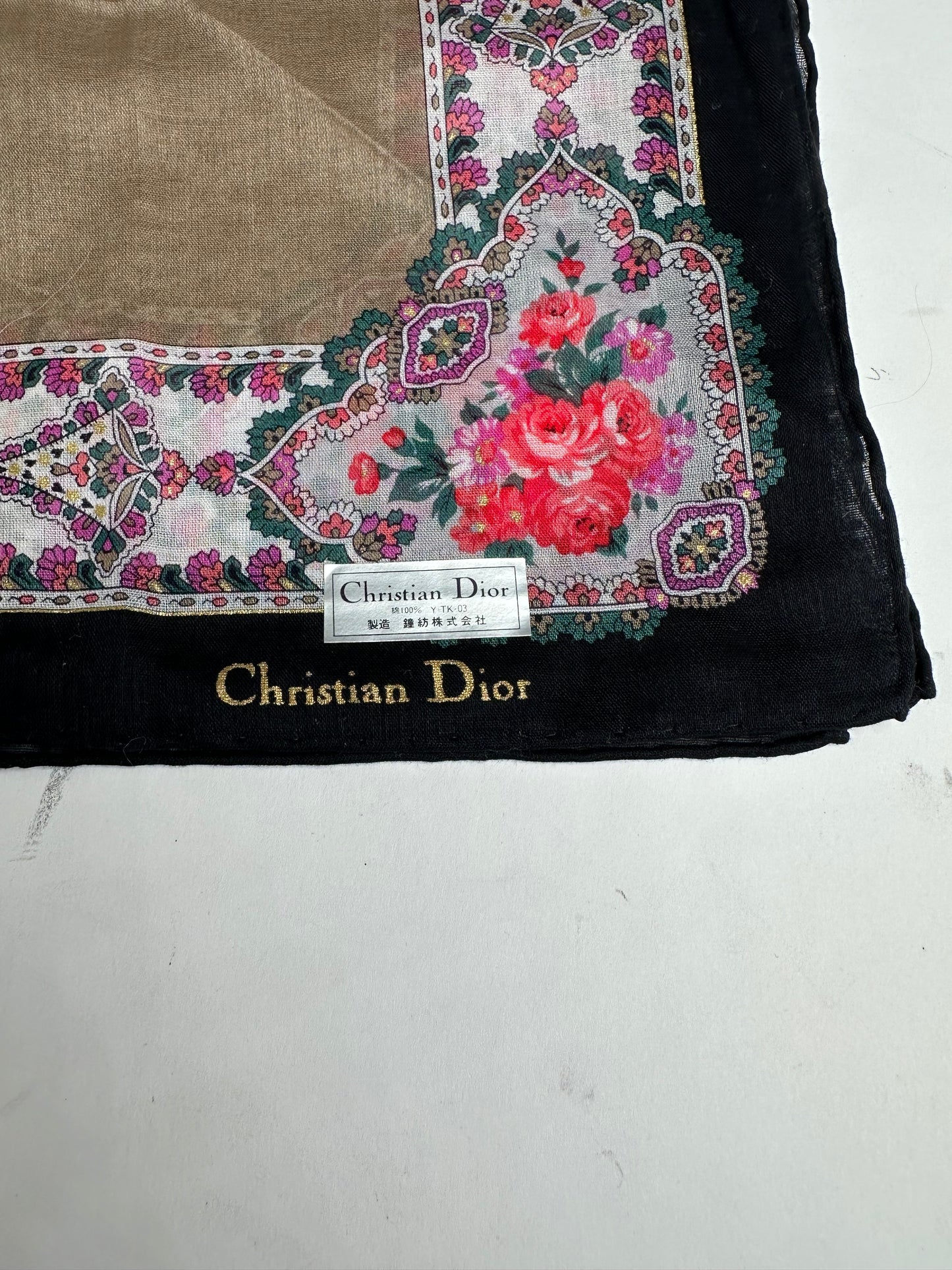 Vintage Dior Floral Scarf Brown Navy White