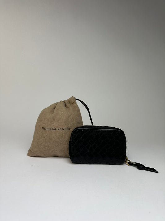 Vintage Bottega Veneta Intrecciato Woven Zip Wallet Black Gold