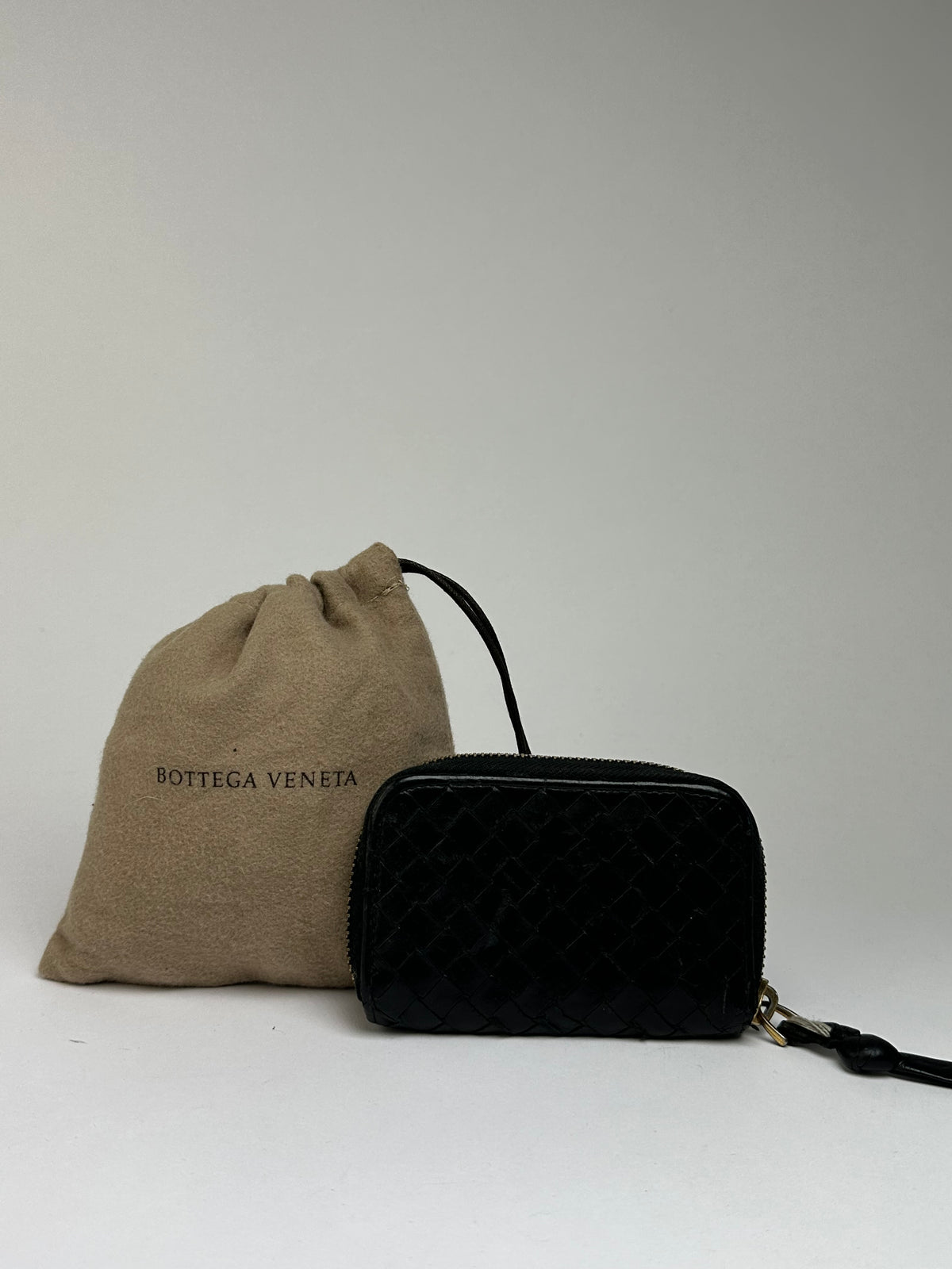 Vintage Bottega Veneta Intrecciato Woven Zip Wallet Black Gold