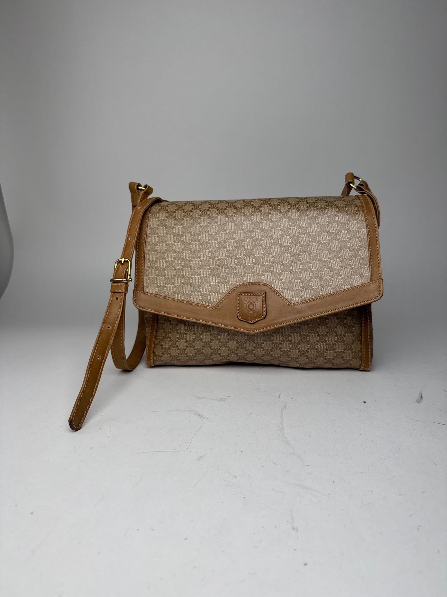 Vintage Celine Paris Monogram Leather shoulder bag beige brown