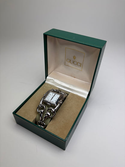 Vintage Gucci Stainless Steel Leather Strap Watch Silver