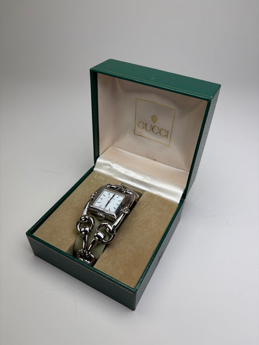 Vintage Gucci Stainless Steel Leather Strap Watch Silver