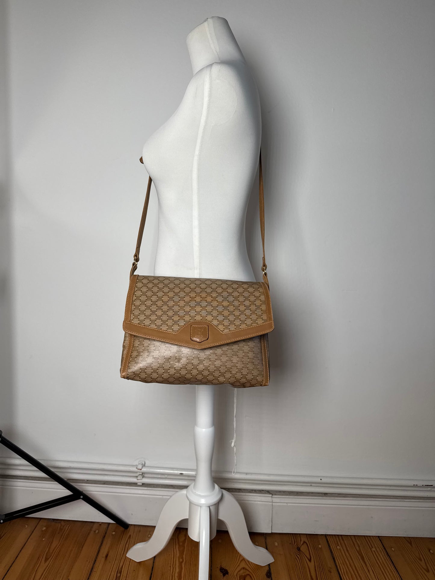 Vintage Celine Paris Monogram Leather shoulder bag beige brown