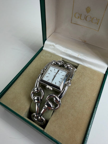 Vintage Gucci Stainless Steel Leather Strap Watch Silver