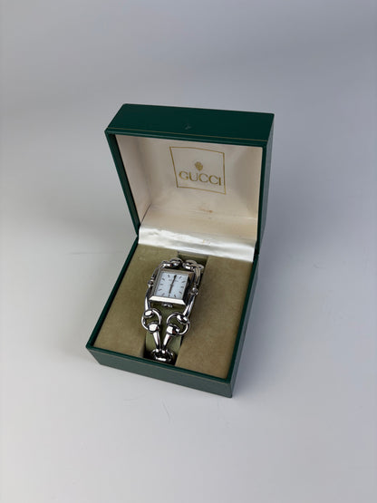 Vintage Gucci Stainless Steel Leather Strap Watch Silver