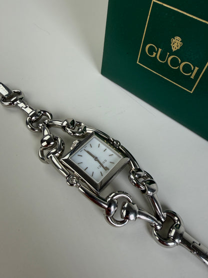 Vintage Gucci Stainless Steel Leather Strap Watch Silver