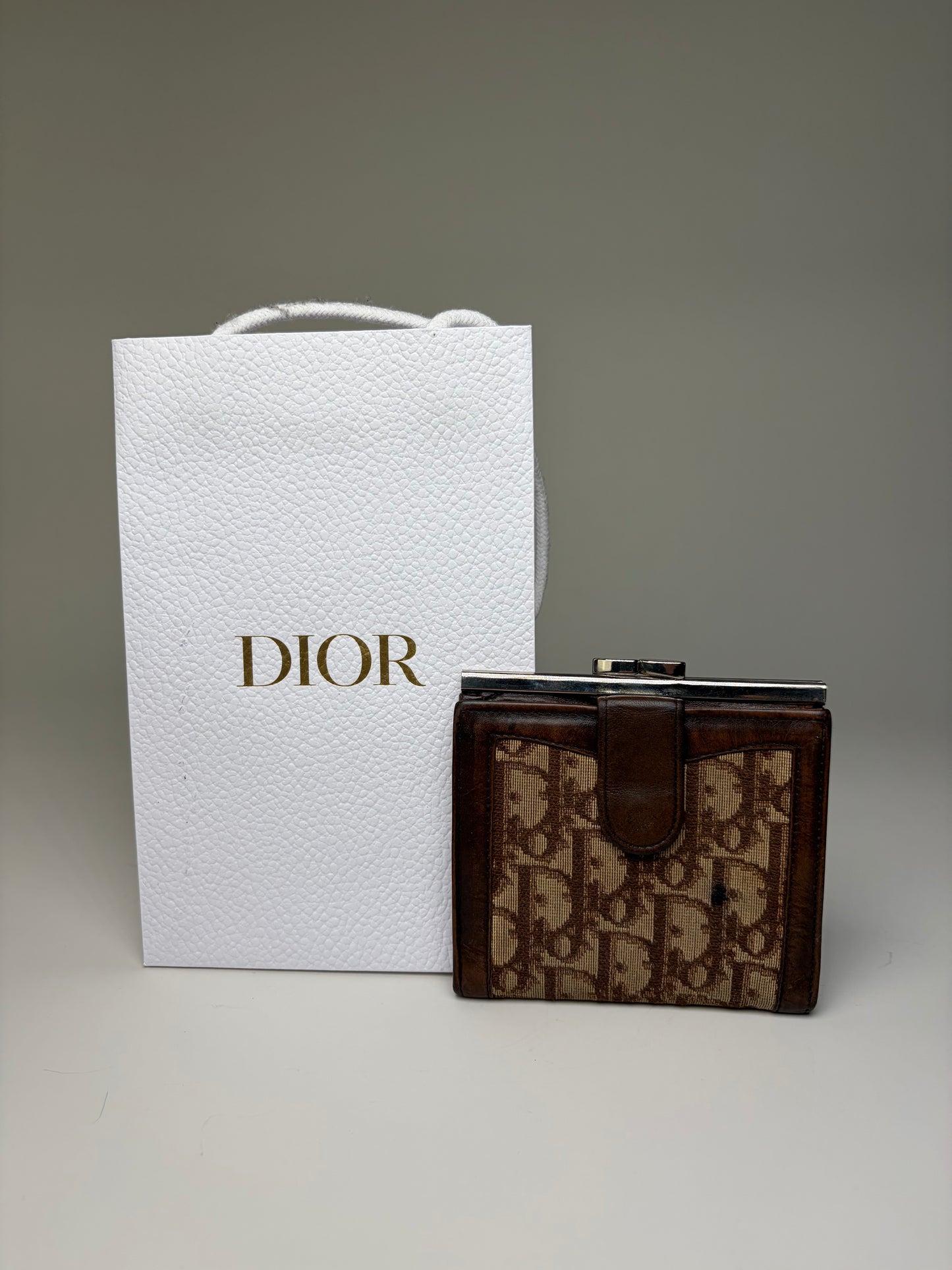 Vintage Dior Oblique Canvas Wallet Brown Beige Silver