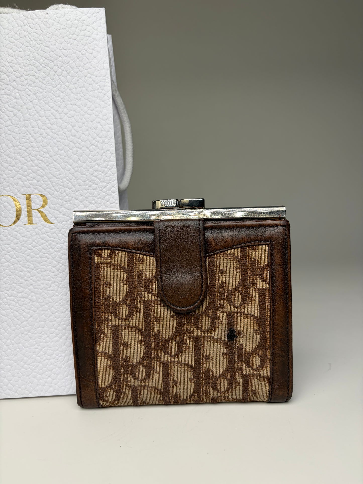 Vintage Dior Oblique Canvas Wallet Brown Beige Silver