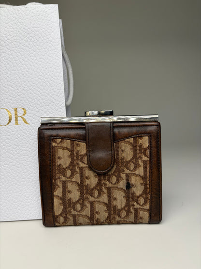 Vintage Dior Oblique Canvas Wallet Brown Beige Silver