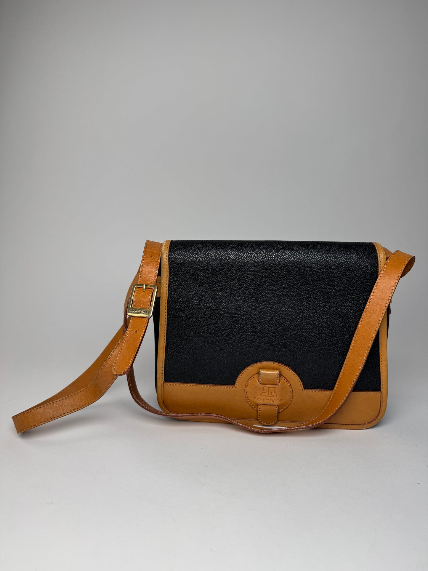 Vintage Courreges Leather Shoulder Crossbody bag Black Brown