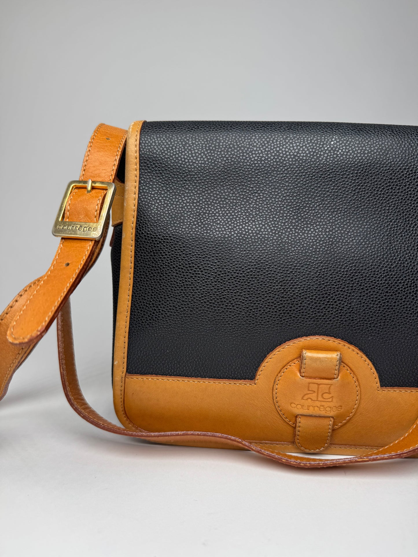 Vintage Courreges Leather Shoulder Crossbody bag Black Brown