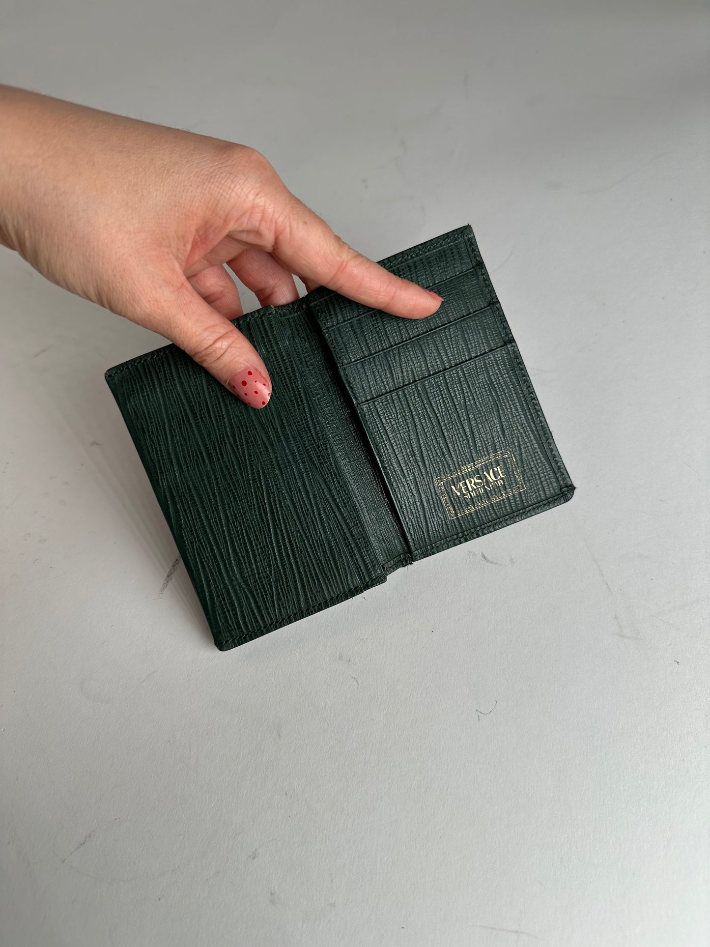 Vintage Gianni Versace Riffeld Leather Card Holder Dark Green