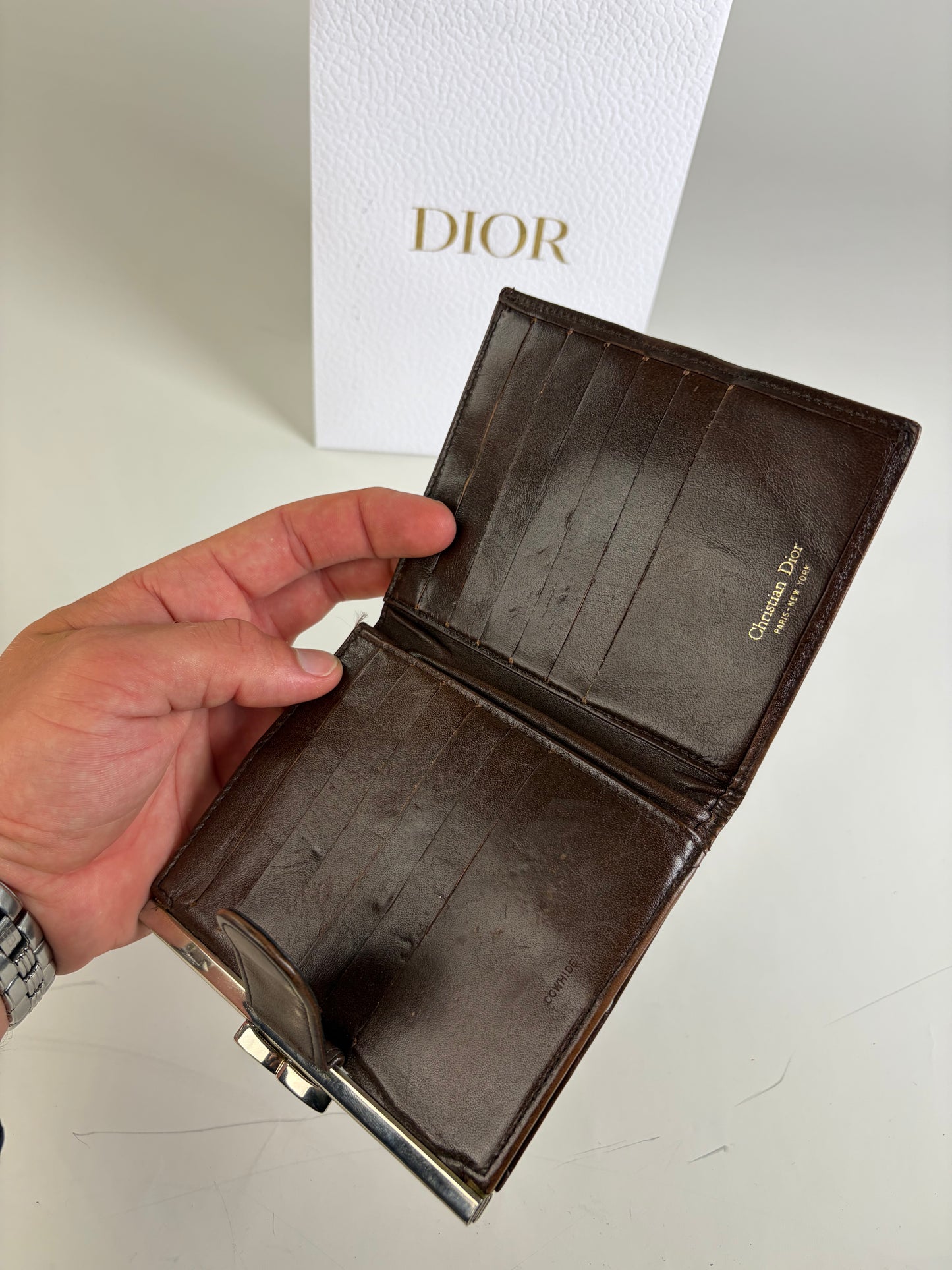 Vintage Dior Oblique Canvas Wallet Brown Beige Silver