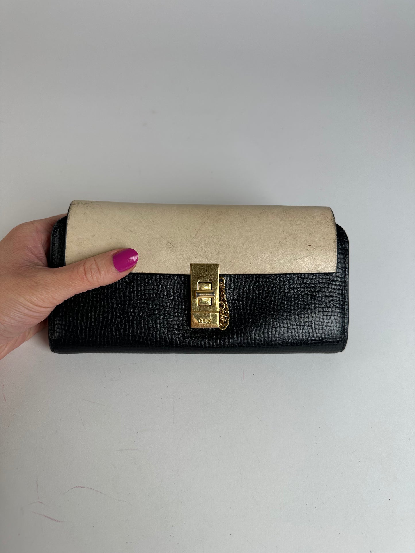 Vintage Chloe Snake Emblossed Leather Wallet Black Beige
