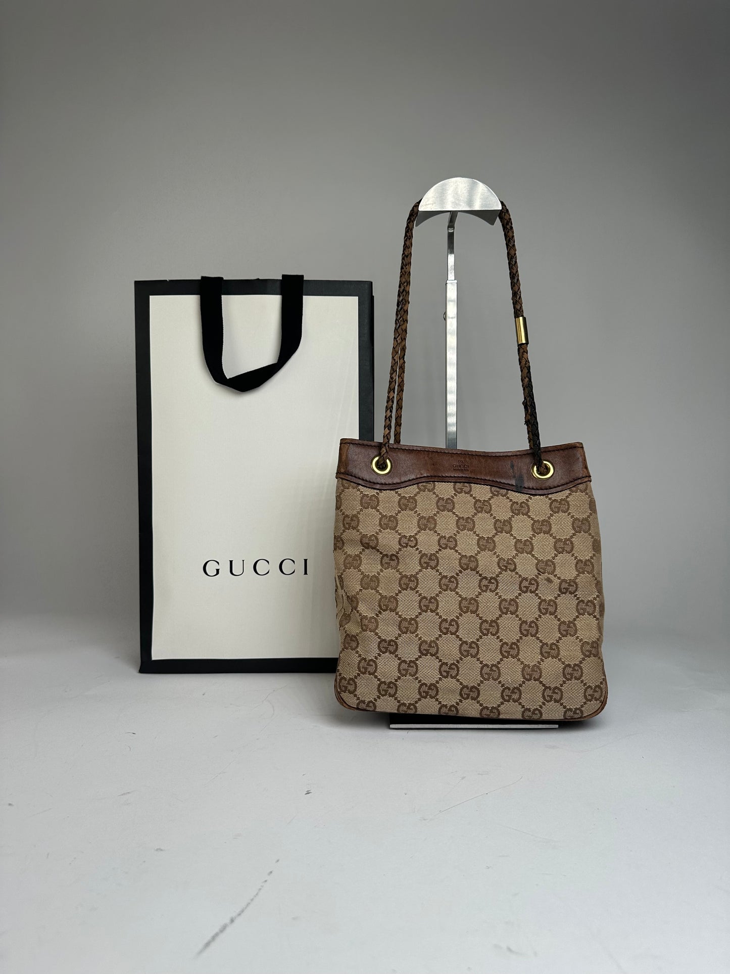 Vintage Gucci Monogram Bucket Bag Beige Brown