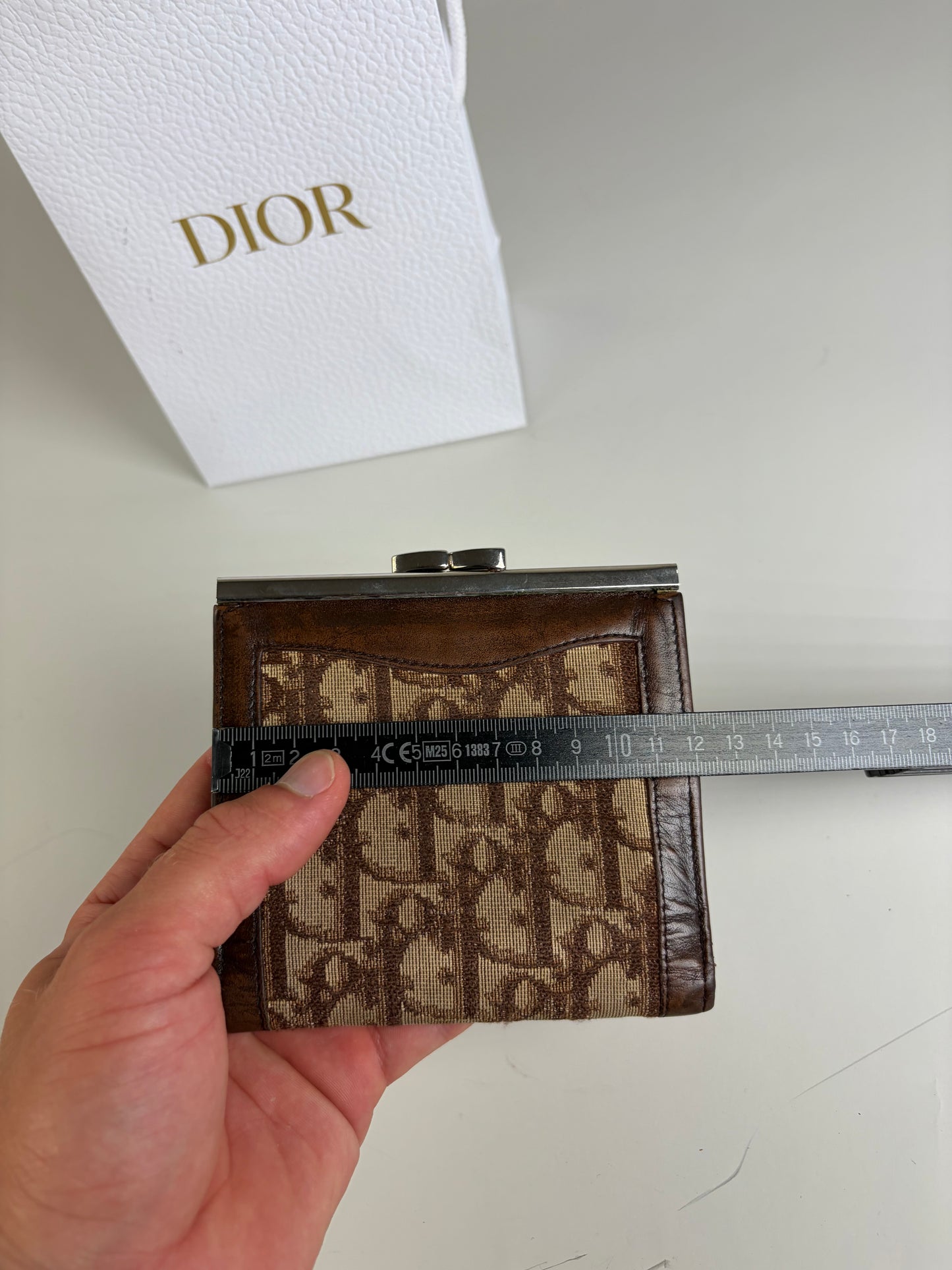 Vintage Dior Oblique Canvas Wallet Brown Beige Silver