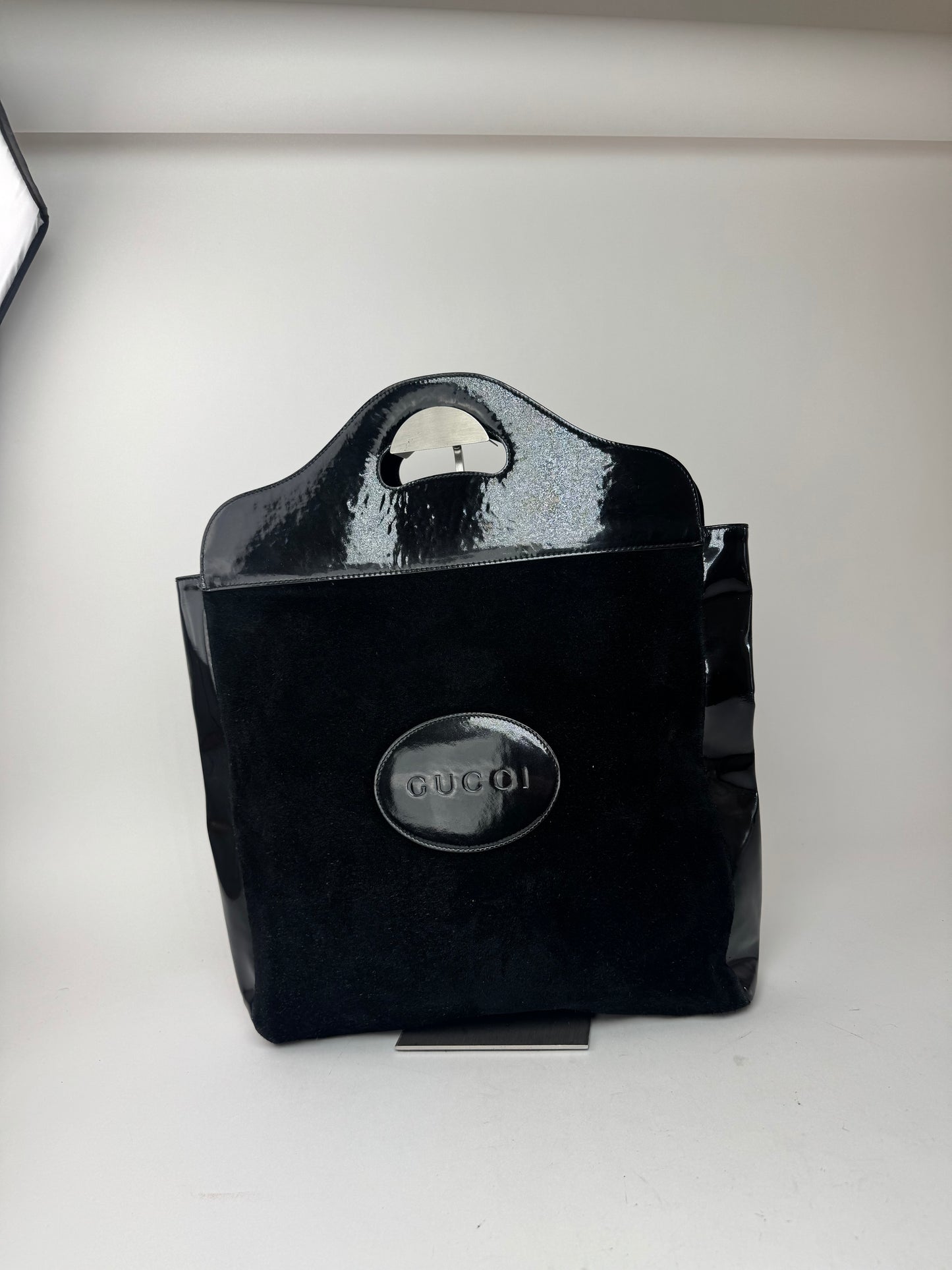 Sac fourre-tout vintage en cuir verni suédé Gucci noir