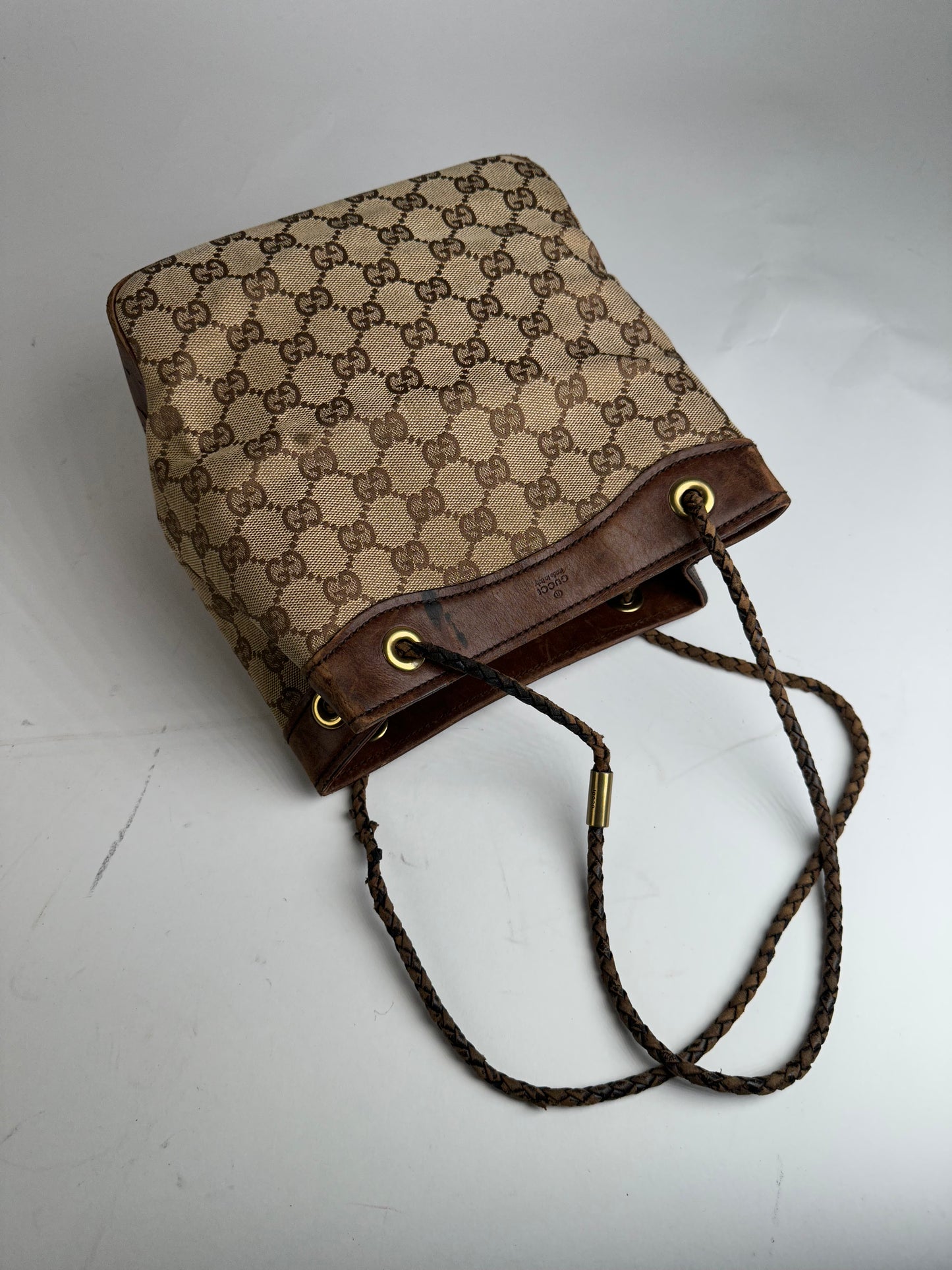 Vintage Gucci Monogram Bucket Bag Beige Brown