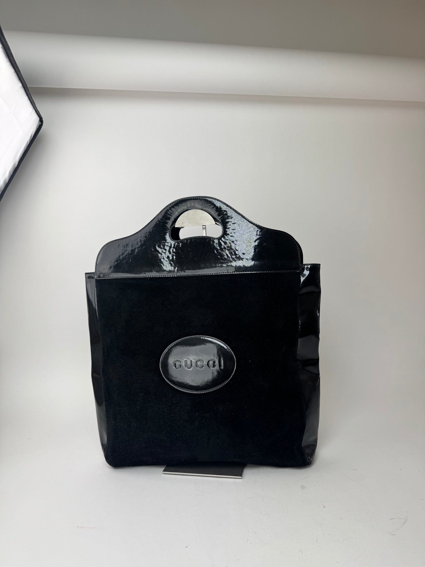 Sac fourre-tout vintage en cuir verni suédé Gucci noir