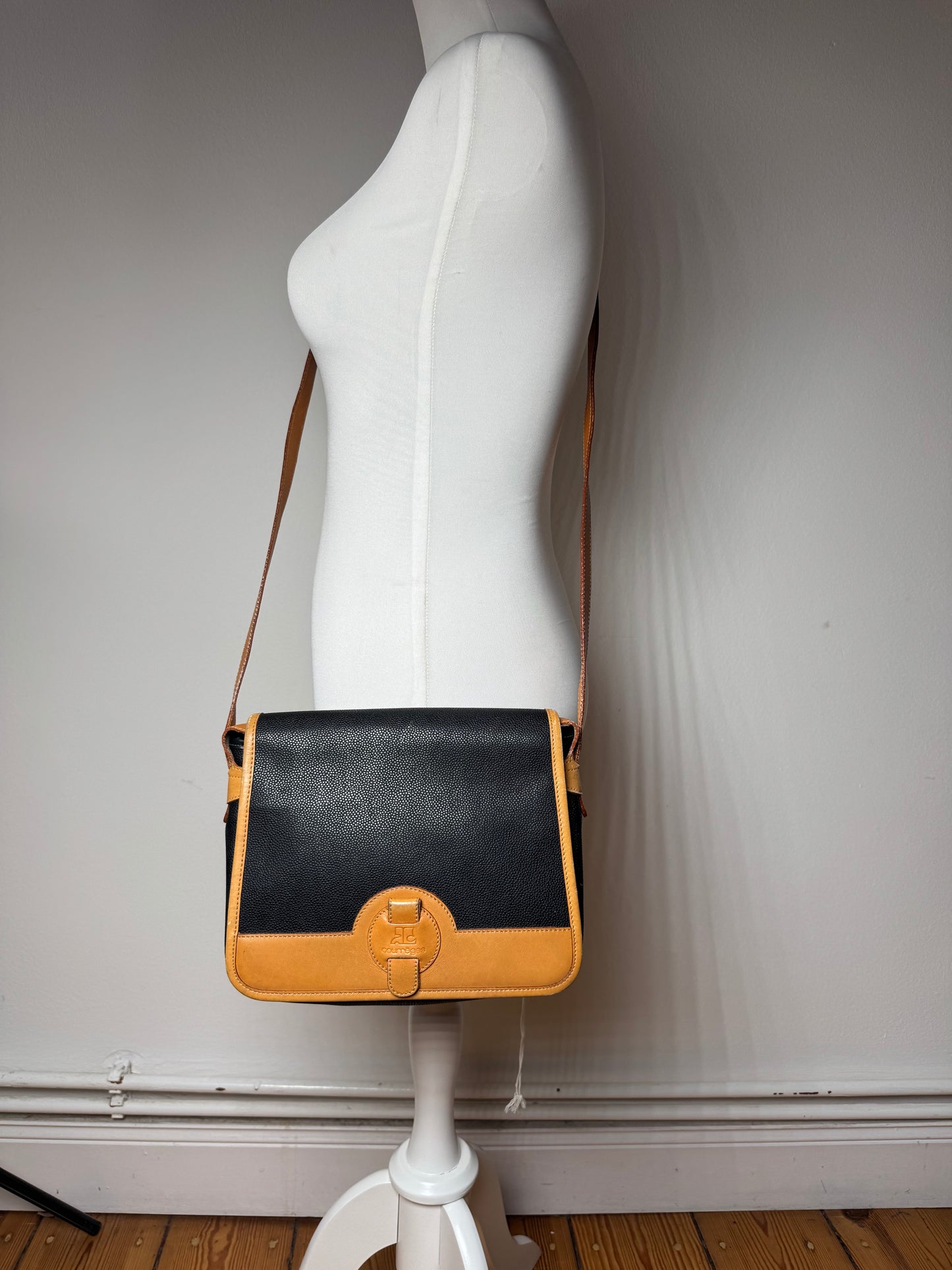 Vintage Courreges Leather Shoulder Crossbody bag Black Brown