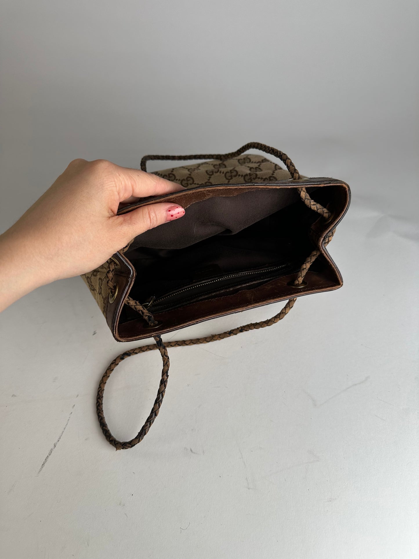 Vintage Gucci Monogram Bucket Bag Beige Brown