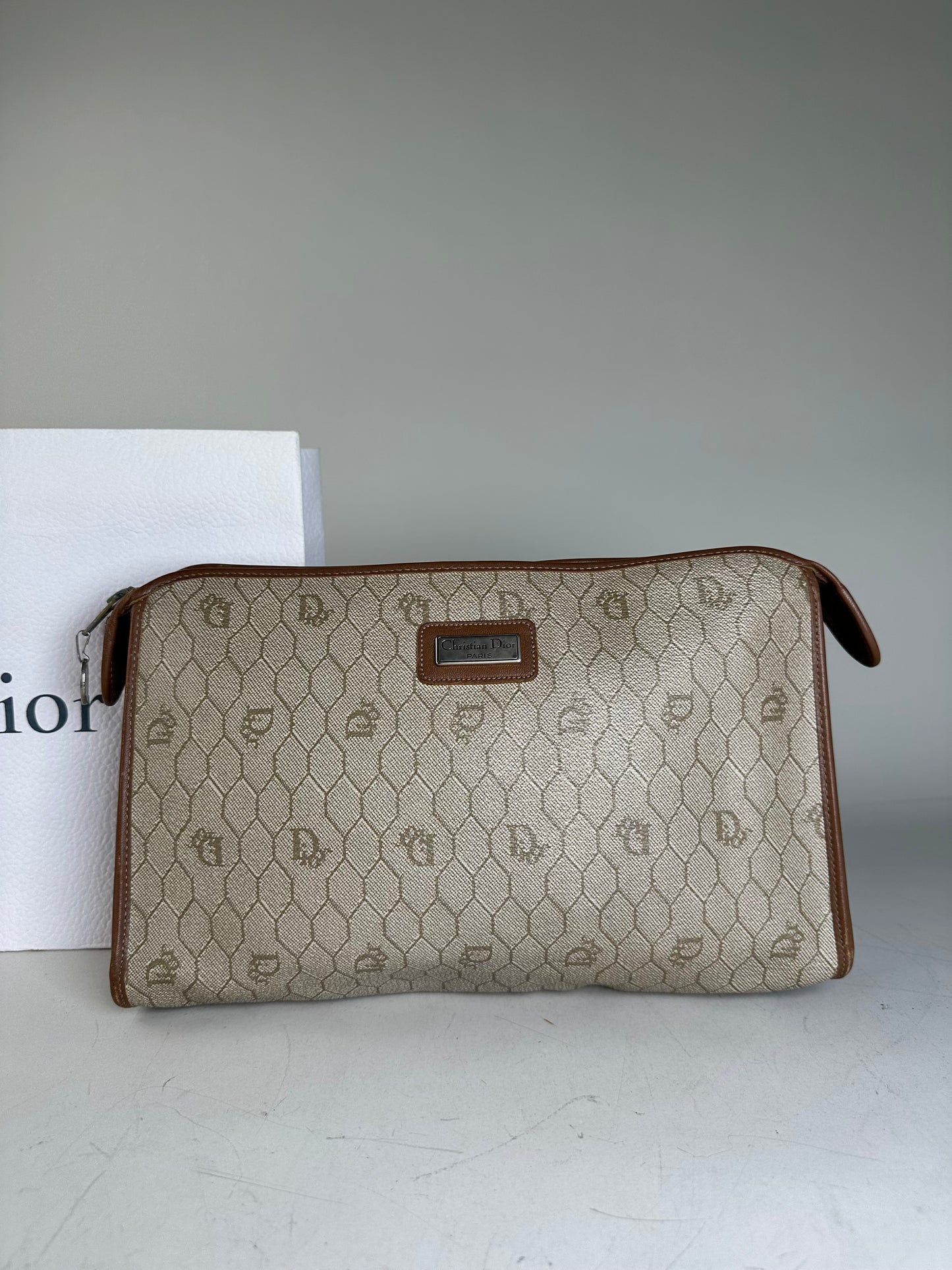 Vintage Dior Coated Canvas Cosmetic Case Beige Brown