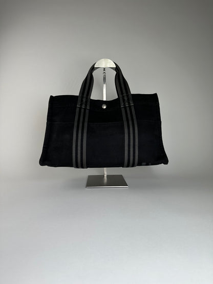 Vintage Hermes Canvas Tote Black Silver