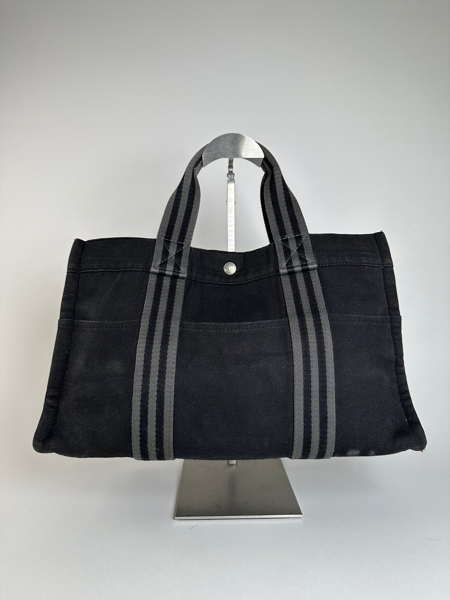 Vintage Hermes Canvas Tote Black Silver