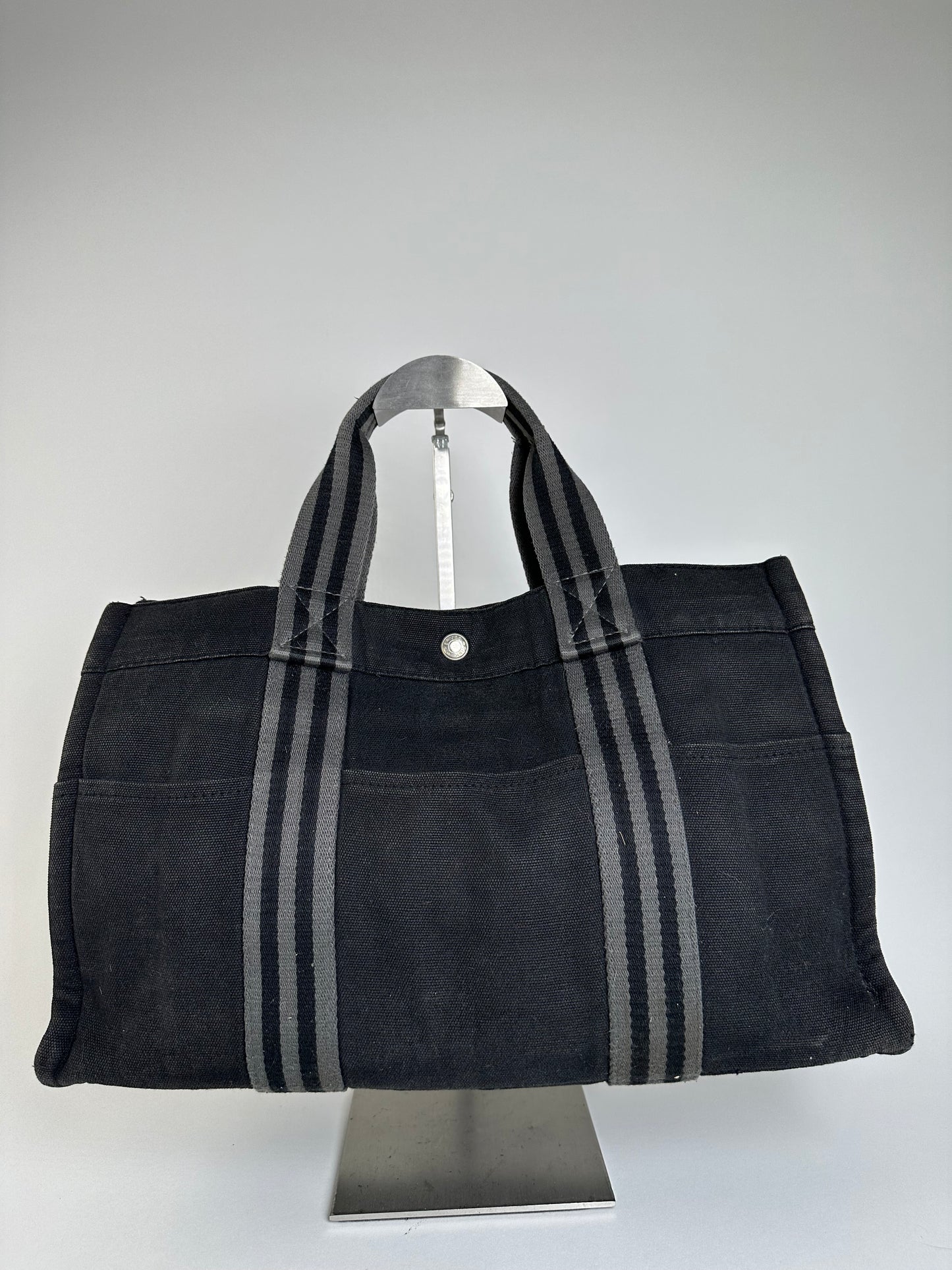 Vintage Hermes Canvas Tote Black Silver