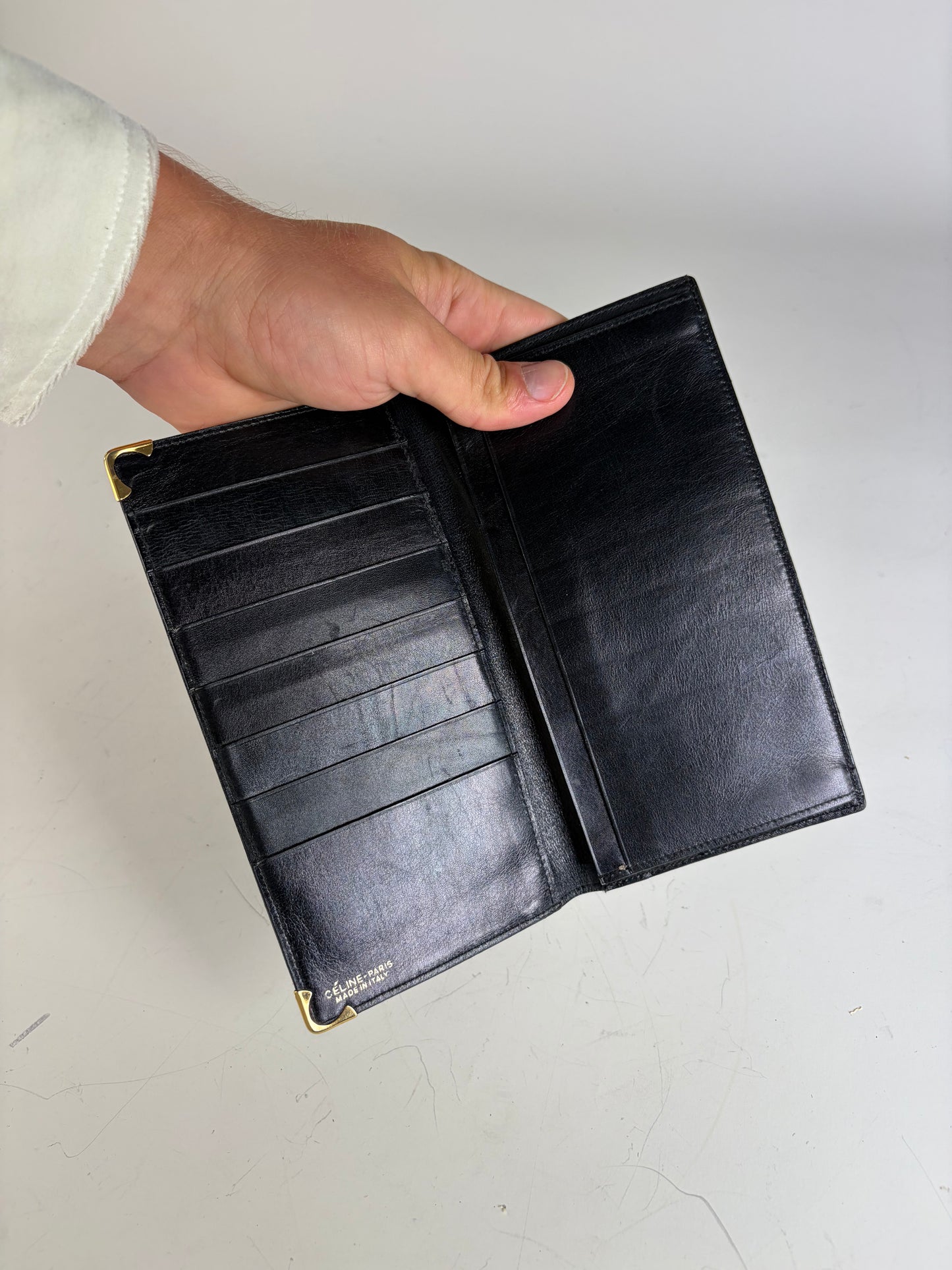 Vintage Celine Leather Long Wallet Black Gold