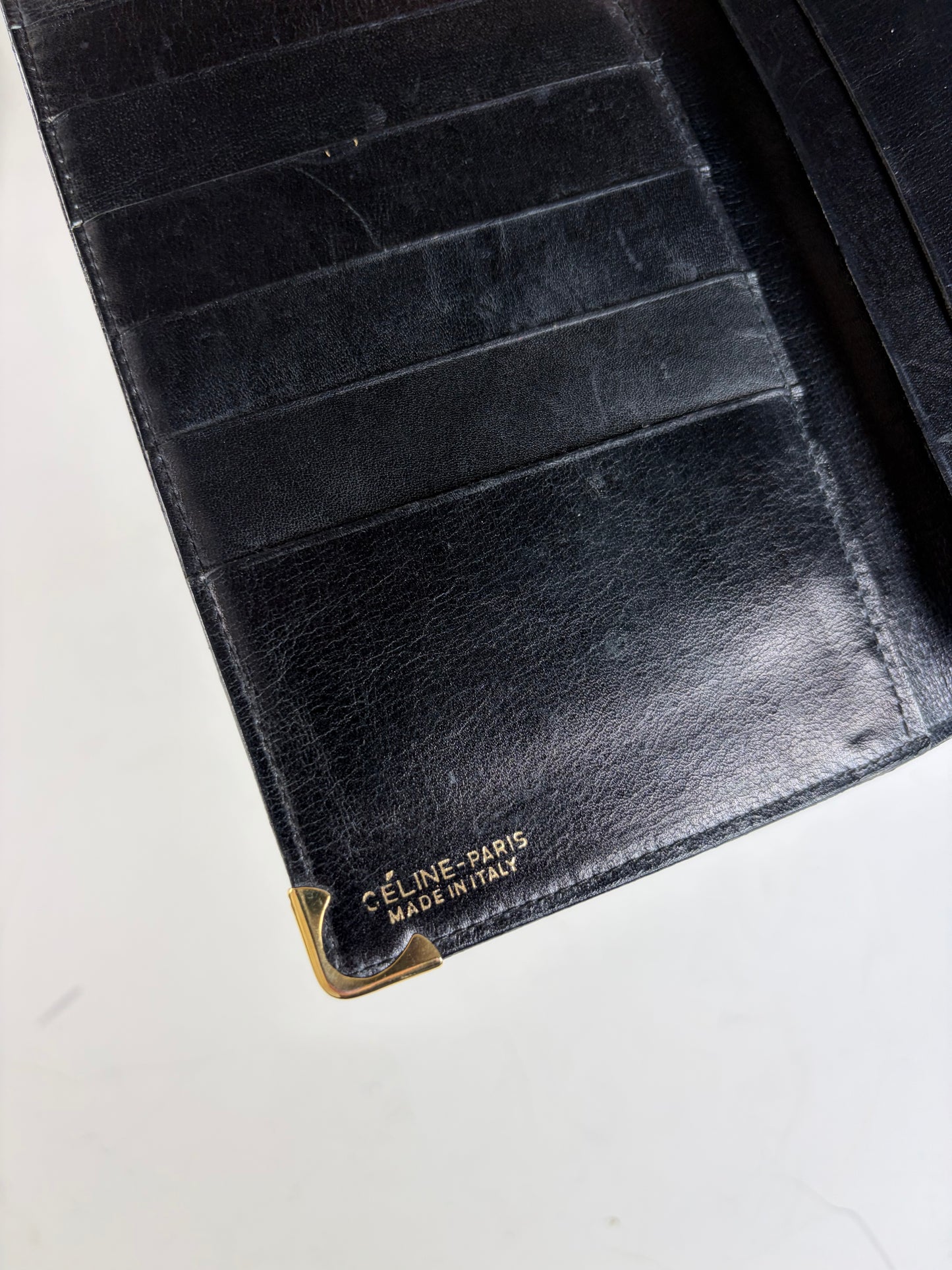 Vintage Celine Leather Long Wallet Black Gold