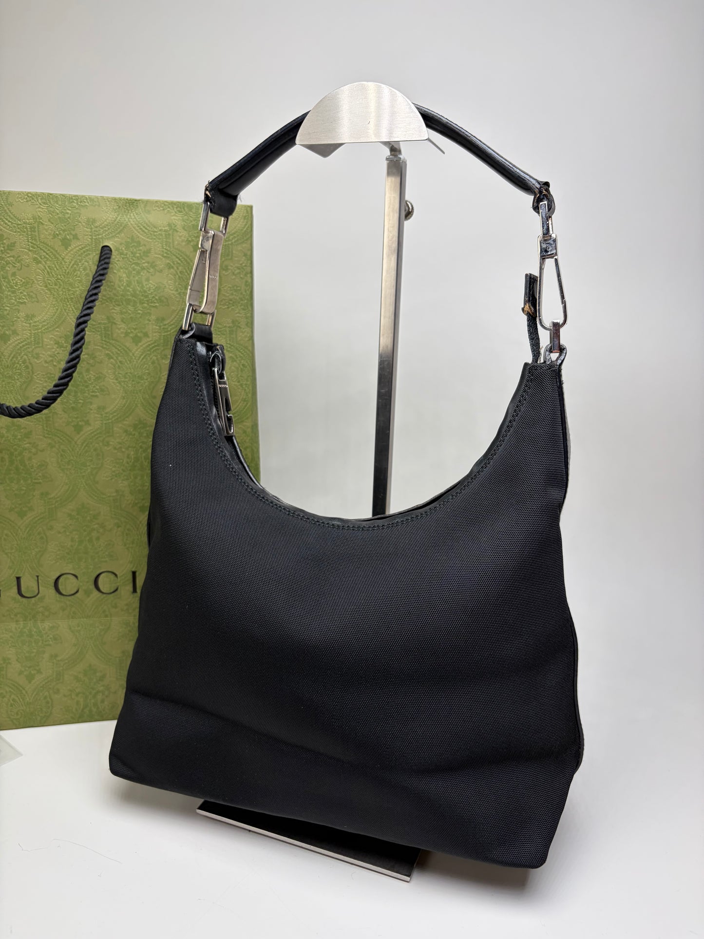 Vintage Gucci Nylon Shoulder Bag Black Silver
