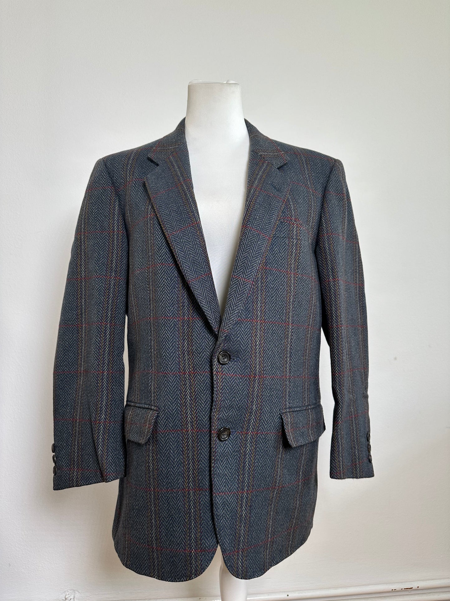 Vintage Balenciaga Houndstooth Wool Blazer Blue Grey Red M