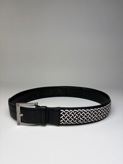 Vintage Loewe Leather Woven Textile Belt Black Silver
