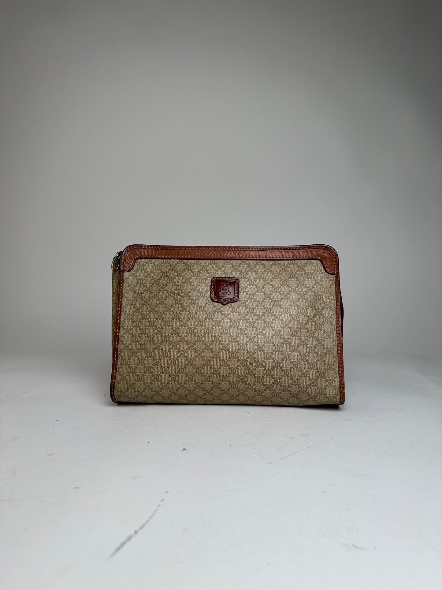 Vintage Celine Paris Triomphe Monogram Leather Clutch Beige Brown