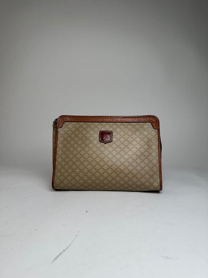 Vintage Celine Paris Triomphe Monogram Leather Clutch Beige Brown