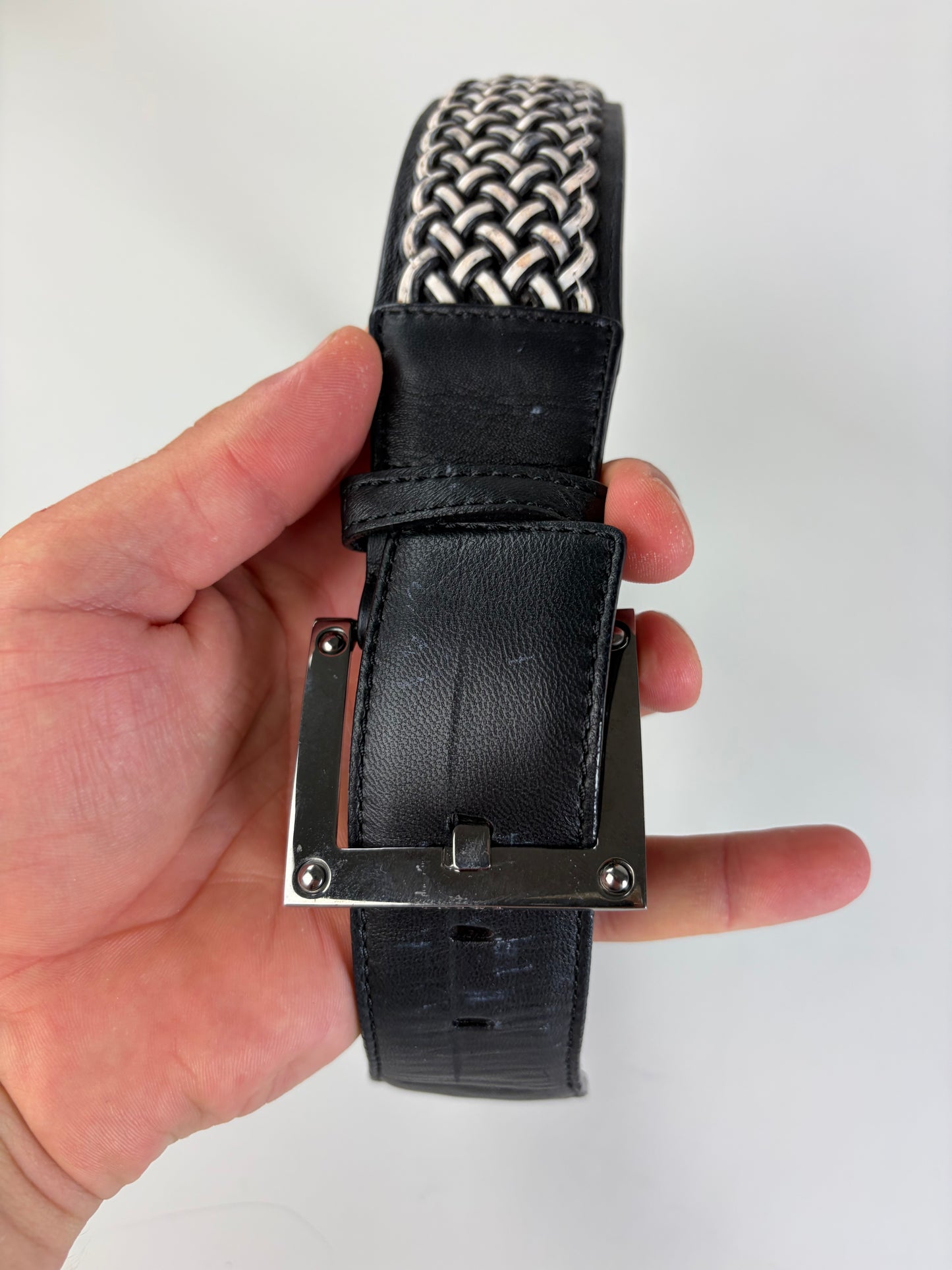 Vintage Loewe Leather Woven Textile Belt Black Silver