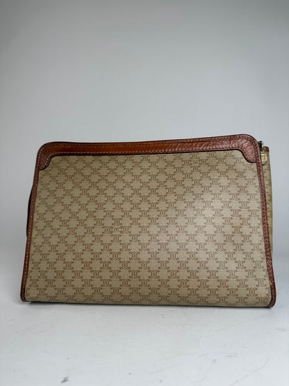 Vintage Celine Paris Triomphe Monogram Leather Clutch Beige Brown