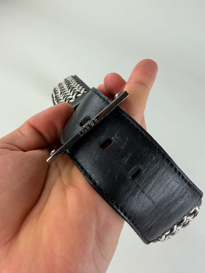 Vintage Loewe Leather Woven Textile Belt Black Silver