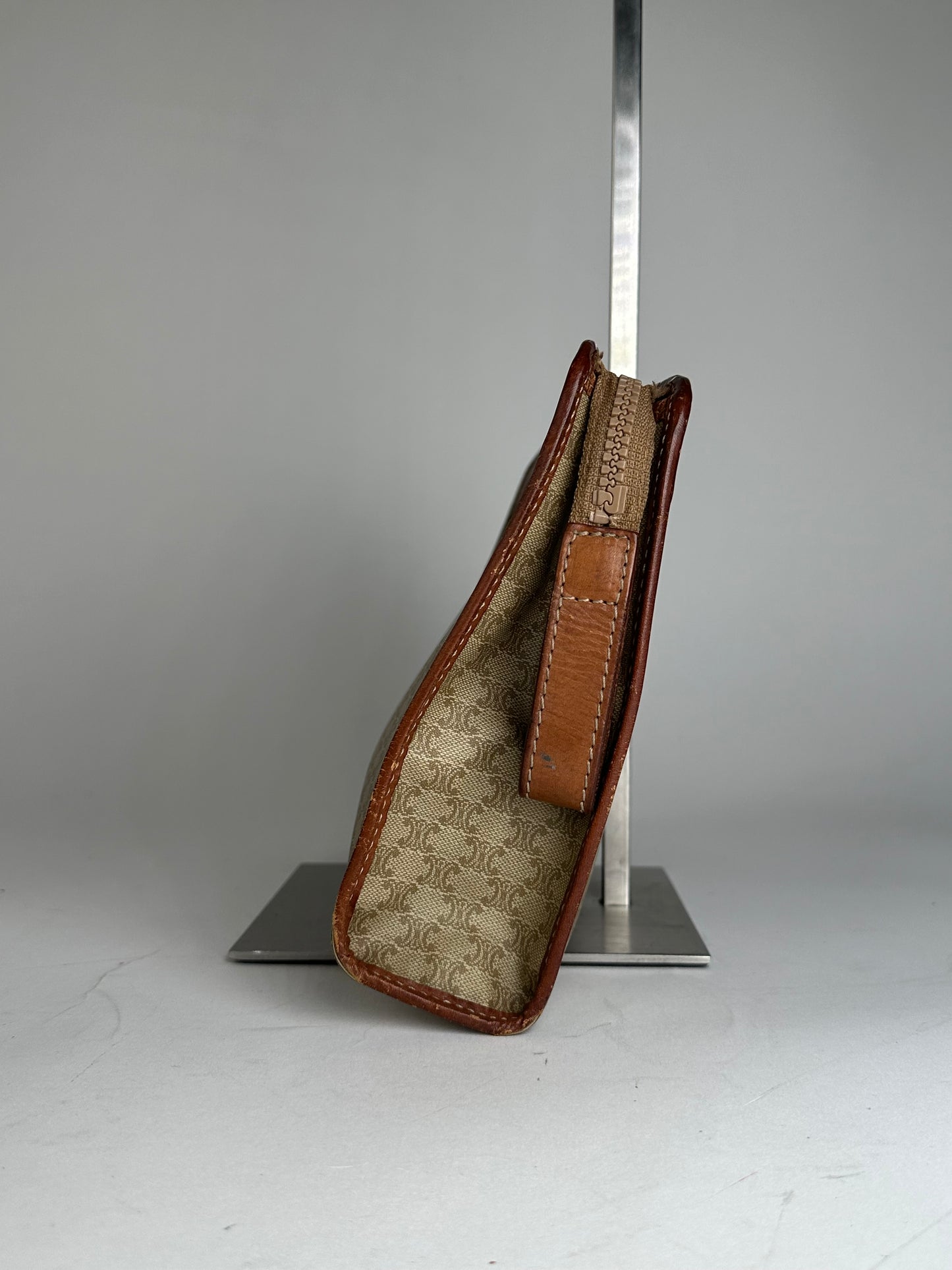 Vintage Celine Paris Triomphe Monogram Leather Clutch Beige Brown
