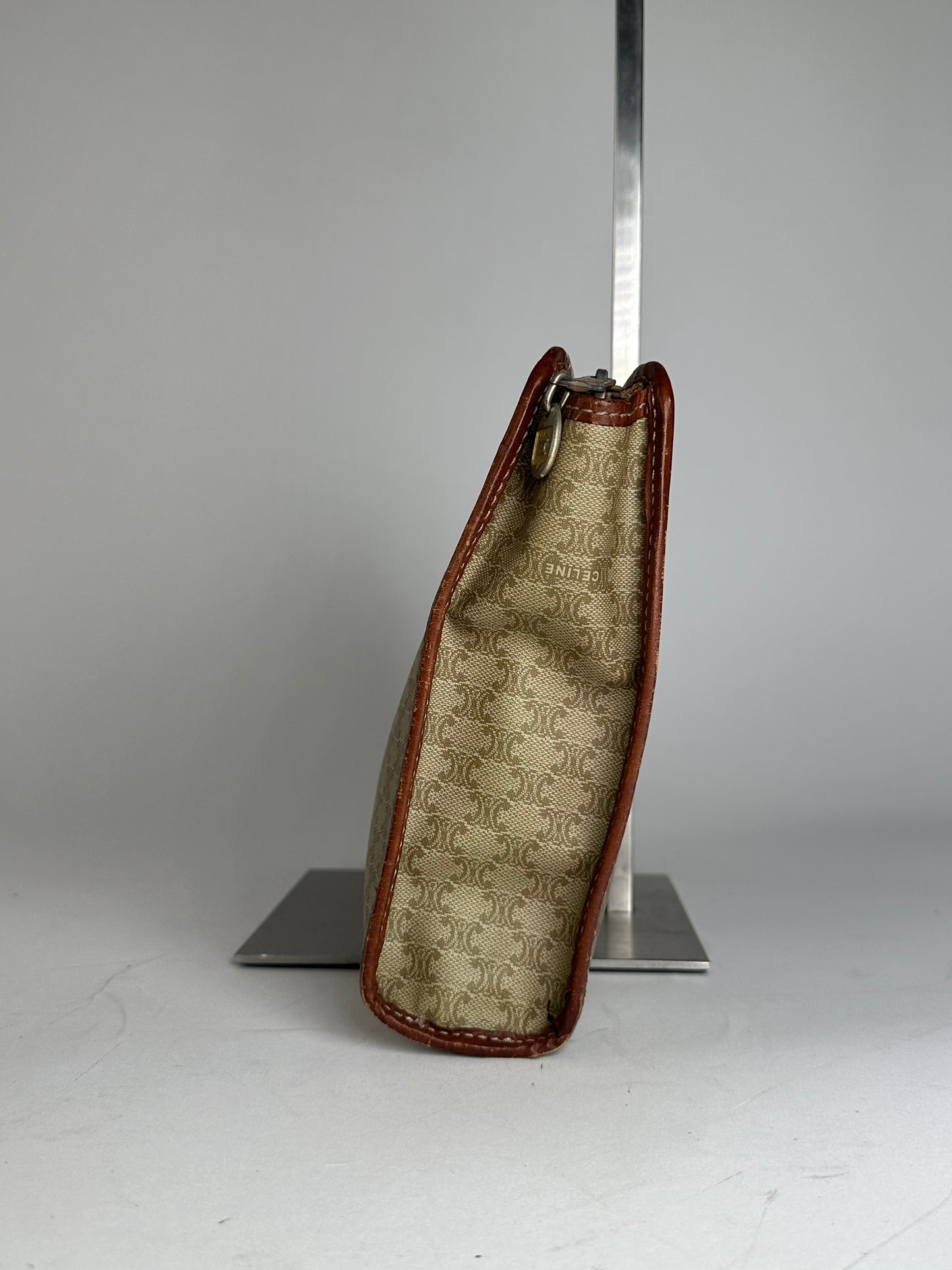 Vintage Celine Paris Triomphe Monogram Leather Clutch Beige Brown