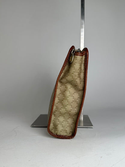 Vintage Celine Paris Triomphe Monogram Leather Clutch Beige Brown